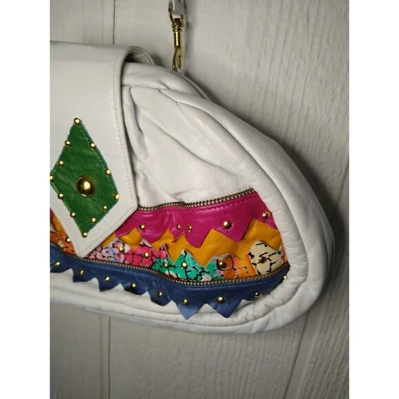 Samir Vtg HandBag White Bright Color Block Zigzag Prints Leather Hinged Purse - Picture 4 of 12